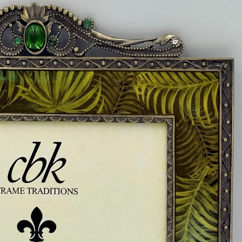 CBK‎ Enamel Picture Frame Palm Leaf Print Metal Gemstone NO GLASS Tropical Glam