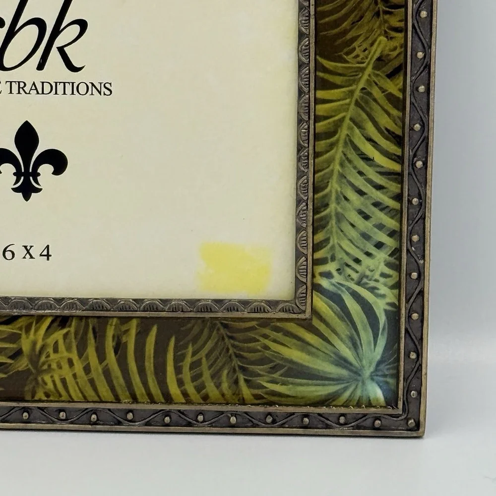 CBK‎ Enamel Picture Frame Palm Leaf Print Metal Gemstone NO GLASS Tropical Glam