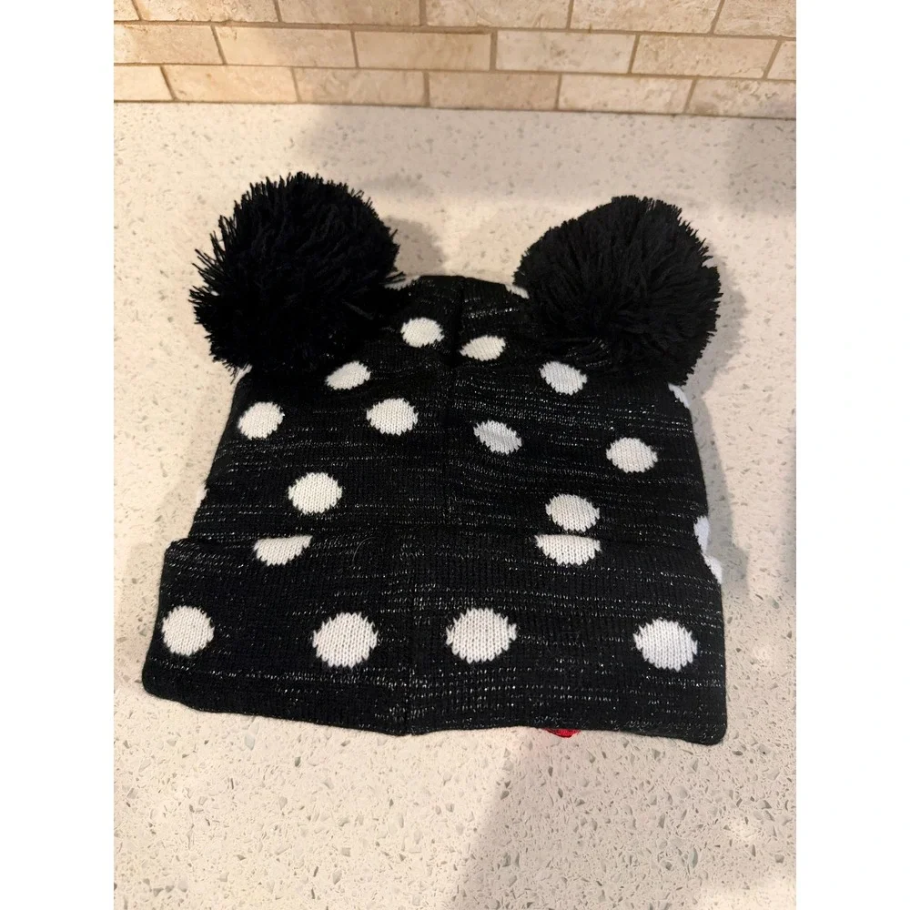 Disney Minnie Mouse Knit Beanie Black White Polka Dot Red Bow