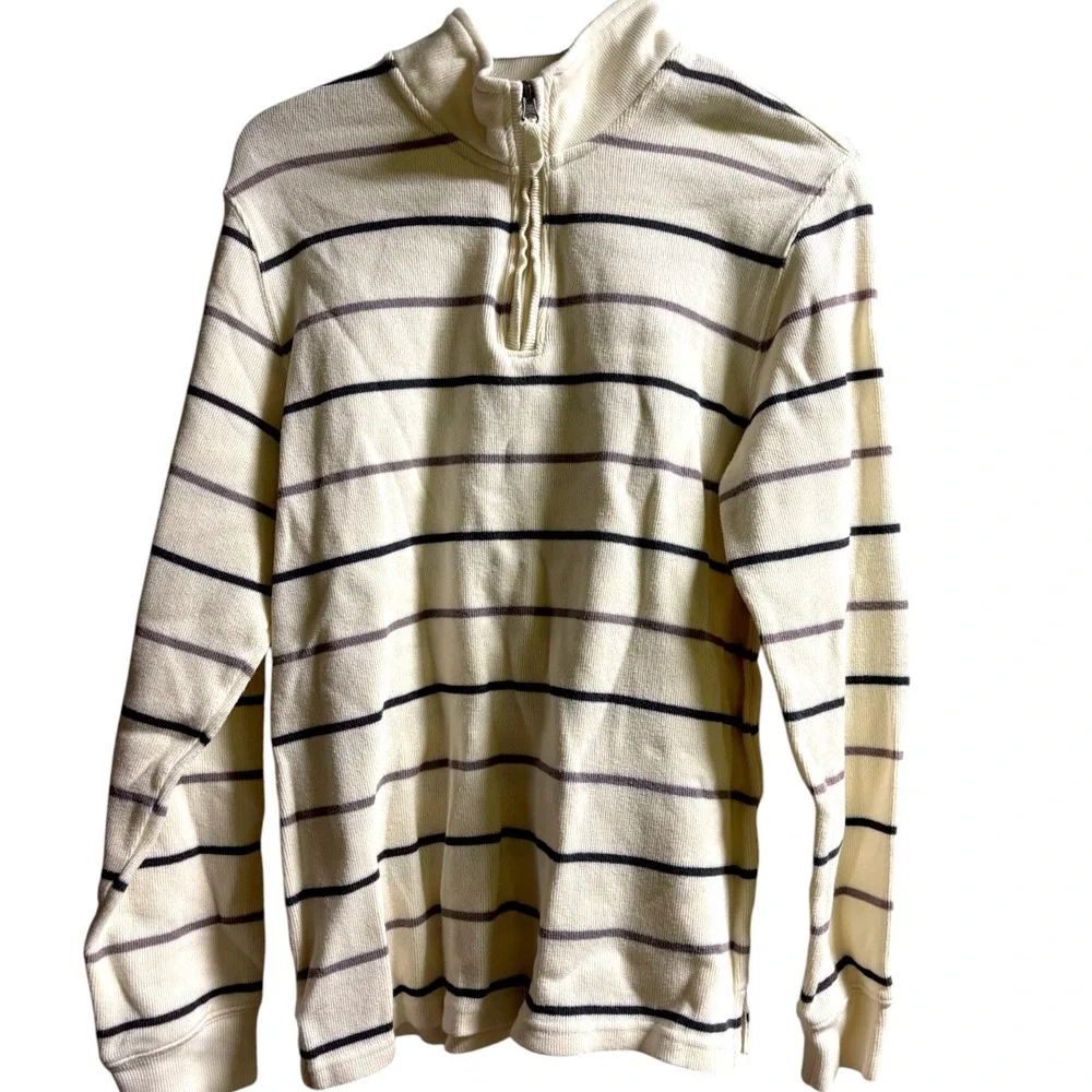 George Mens Quarter‎ Zip Ribbed Pullover Sweater Cream Striped GM41069S Size M