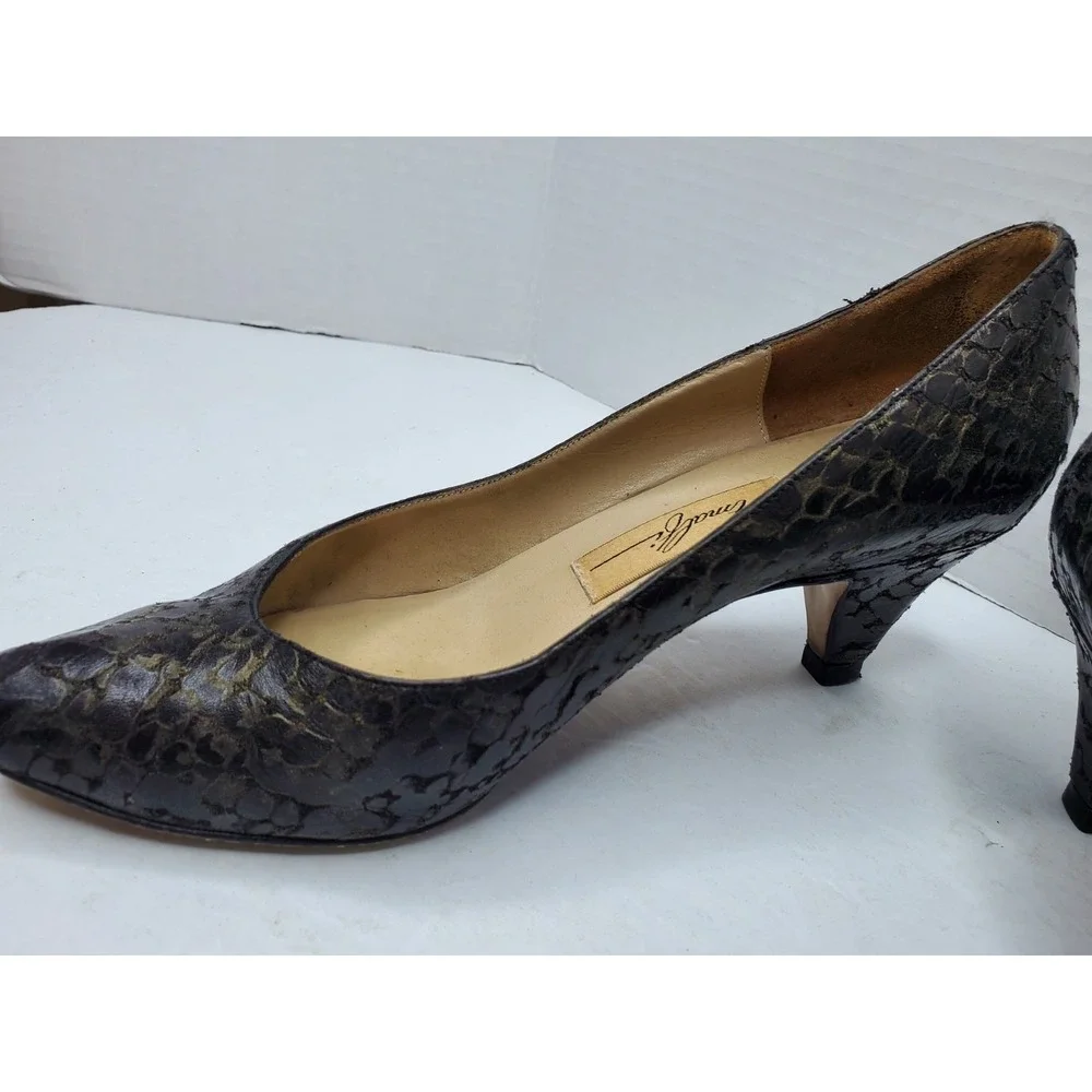 AMALFI Metalic‎ Black Anaconda Leather Pumps Kitten Heels Shoes 8B Italy Y2K
