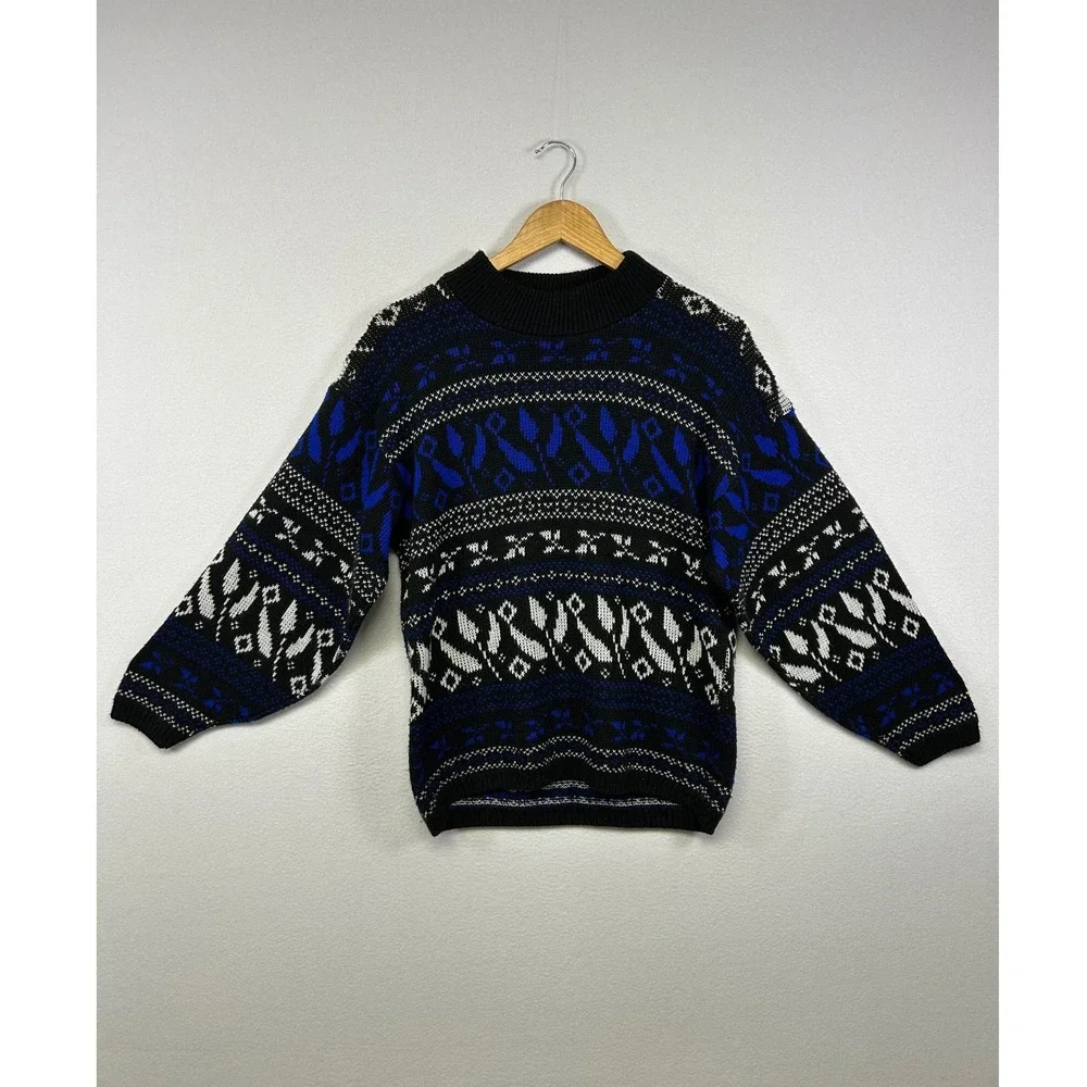 Vintage 80s Javenits Mens Large Blue Black Geometric Abstract Knit Sweater‎ USA