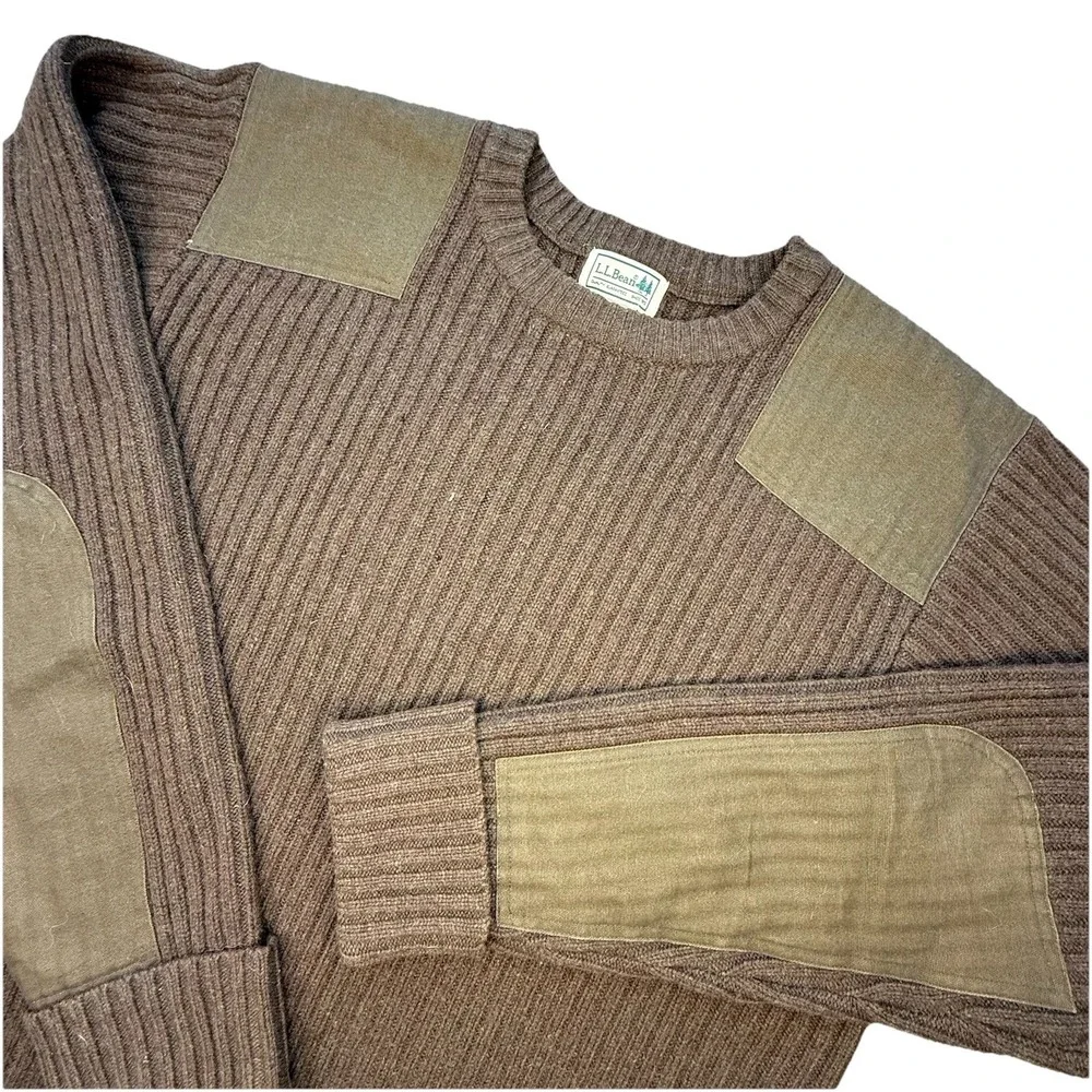 LL Bean Mens XL T Commando Brown Sweater Merino‎ Lambs Wool Elbow Patches