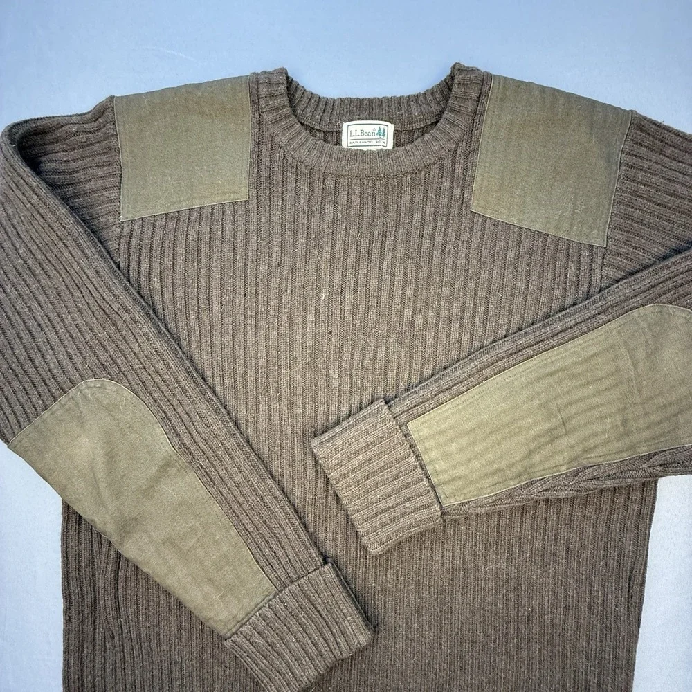 LL Bean Mens XL T Commando Brown Sweater Merino‎ Lambs Wool Elbow Patches