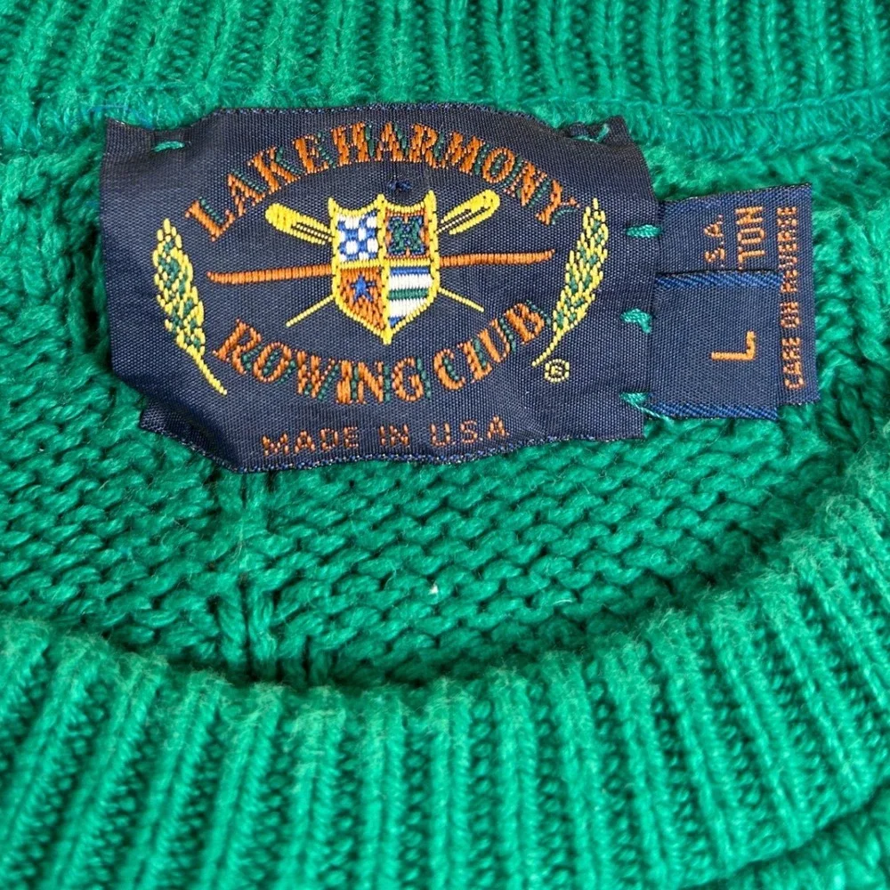 VTG 80s 90s Rowing Club Green Textured Cotton‎ Knit Sweater Made in USA Men L