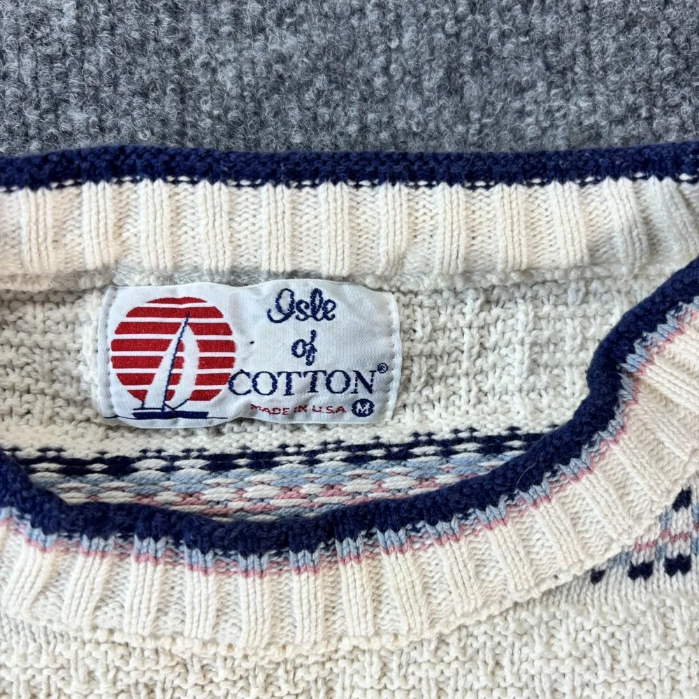 Vintage Isle Of Cotton Sweater Mens Medium White Stripe Waffle Knit Crewneck USA