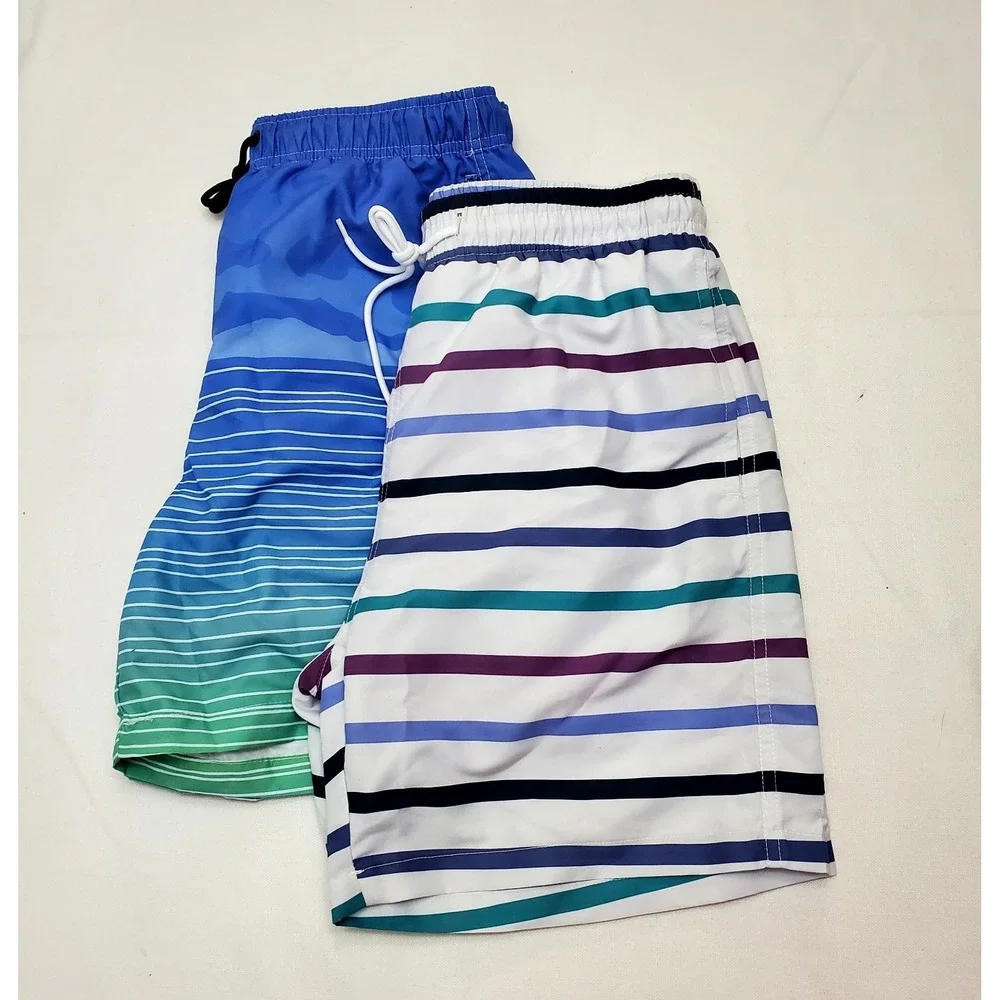 2 Pairs ● SHEIN Men's Striped With‎ Drawstring Swim Shorts/Trunks ● Size Small