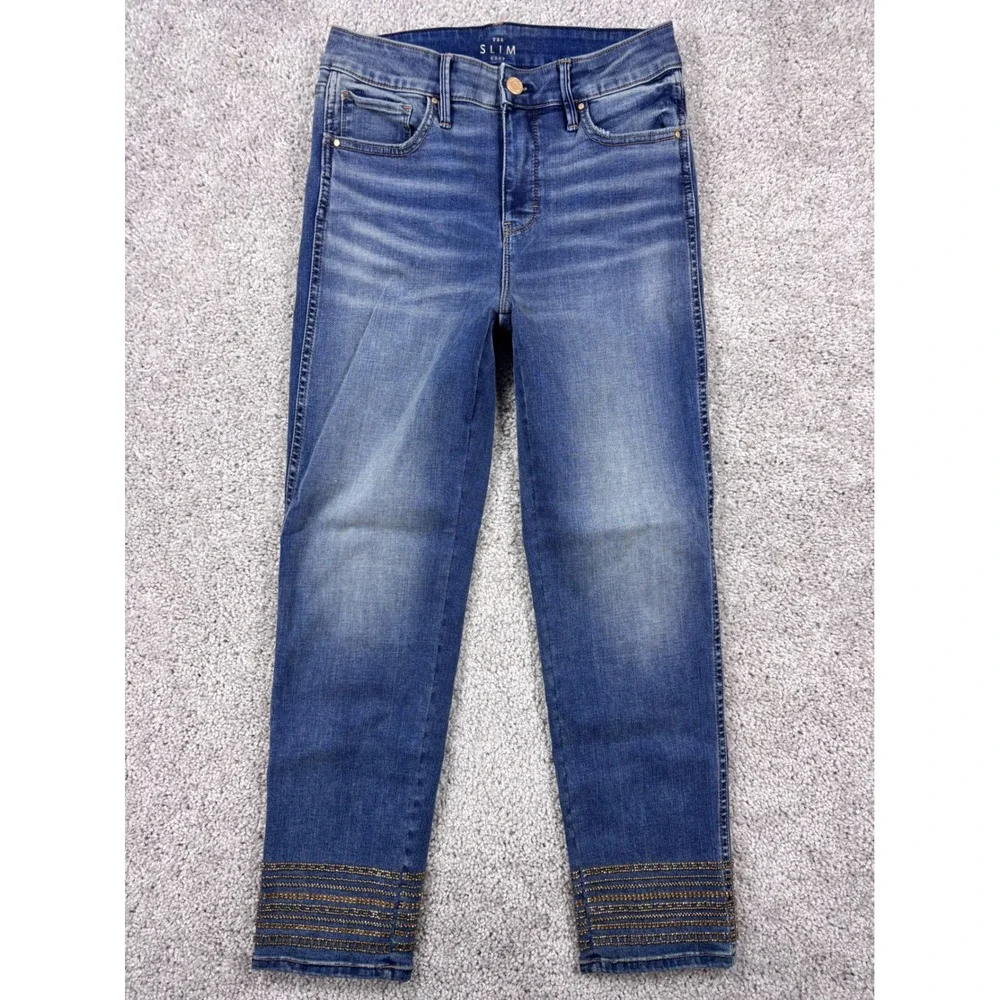 White House Black Market The Slim Crop High Rise Beaded‎ Hem Jeans Blue Womens 2