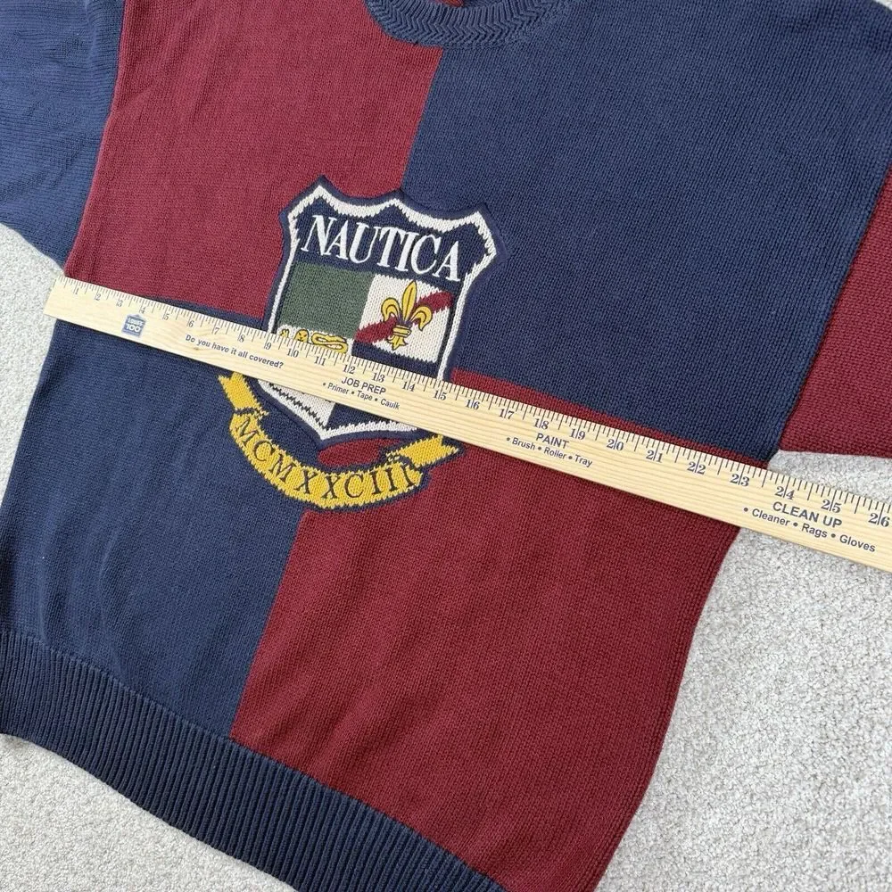 VTG 90s Nautica Preppy Sweater Red Blue‎ Color Block Crest Sz L
