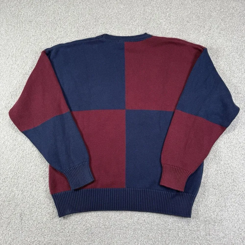 VTG 90s Nautica Preppy Sweater Red Blue‎ Color Block Crest Sz L