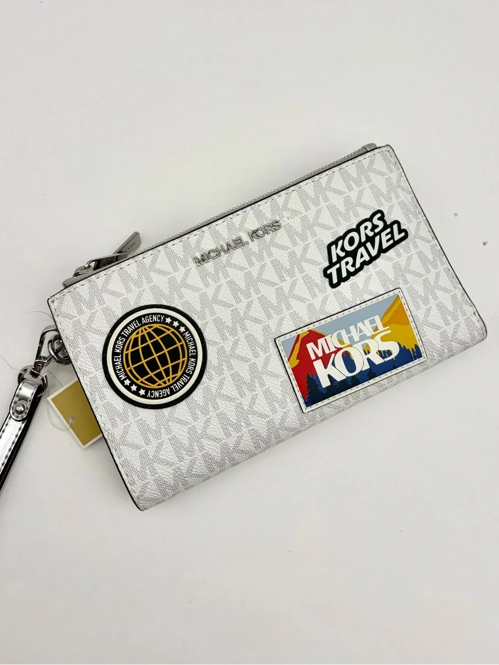 Michael Kors White Logo Patch Travel Double Zip Wristlet Wallet