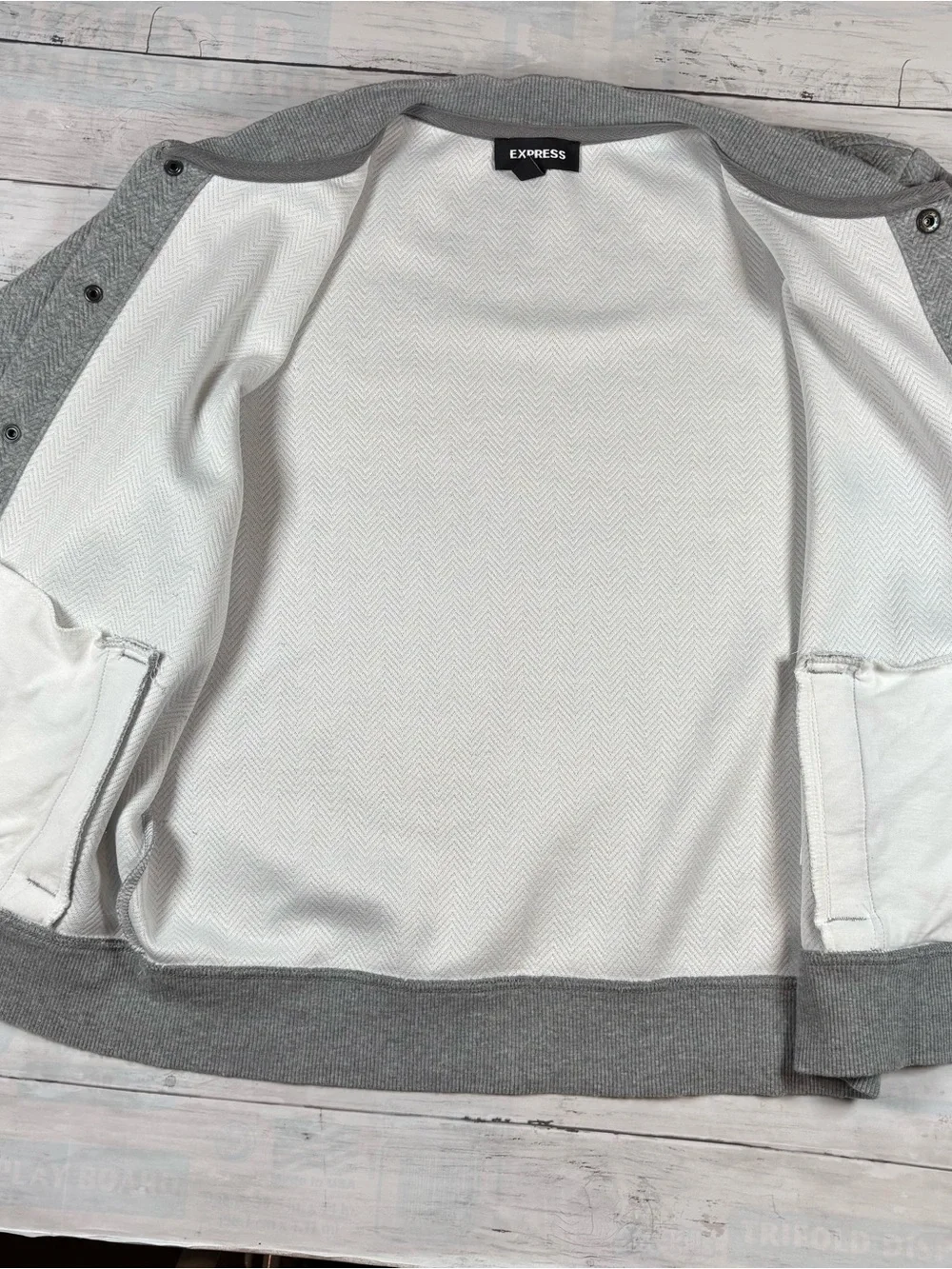 Express Bomber Sweatshirt Jacket Men’s S Gray Textured Knit Varsity Quiet Luxury
