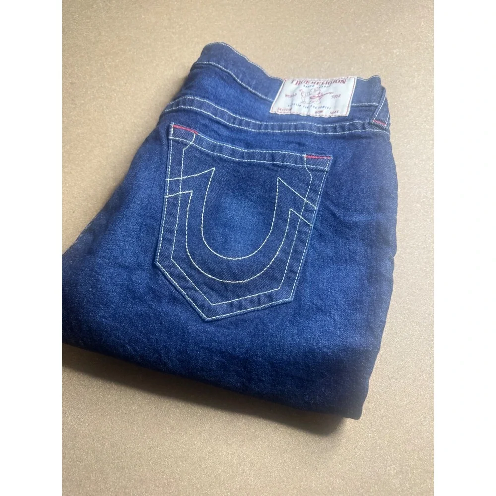 True Religion‎ Ricky Relaxed Straight Denim Shorts Blue White Stitch Mens 38