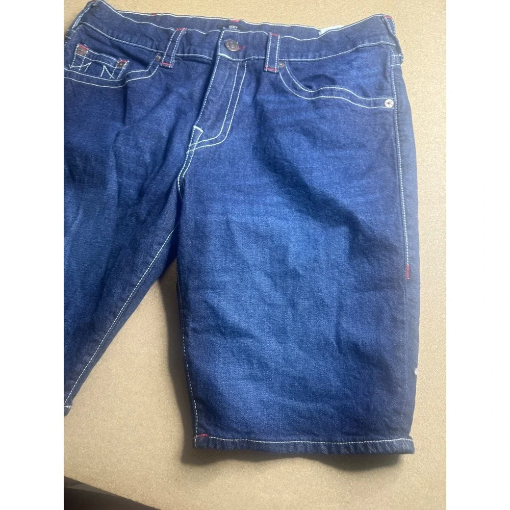 True Religion‎ Ricky Relaxed Straight Denim Shorts Blue White Stitch Mens 38