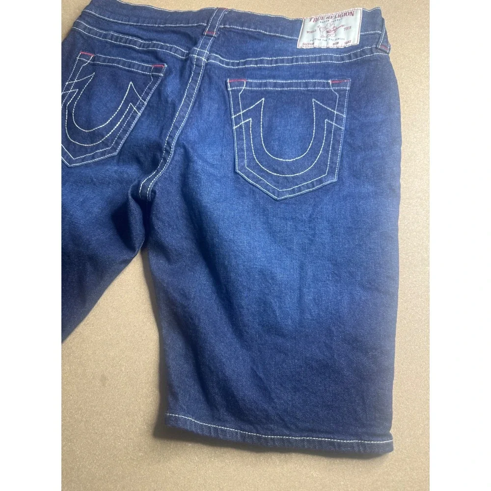 True Religion‎ Ricky Relaxed Straight Denim Shorts Blue White Stitch Mens 38