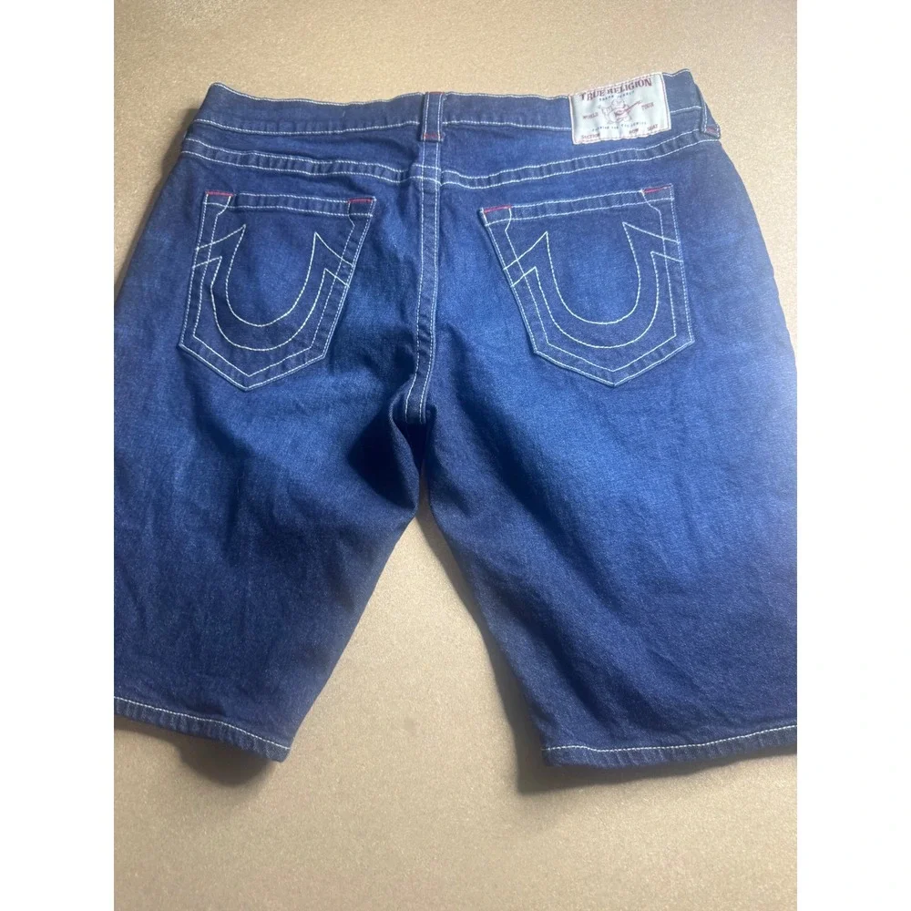 True Religion‎ Ricky Relaxed Straight Denim Shorts Blue White Stitch Mens 38