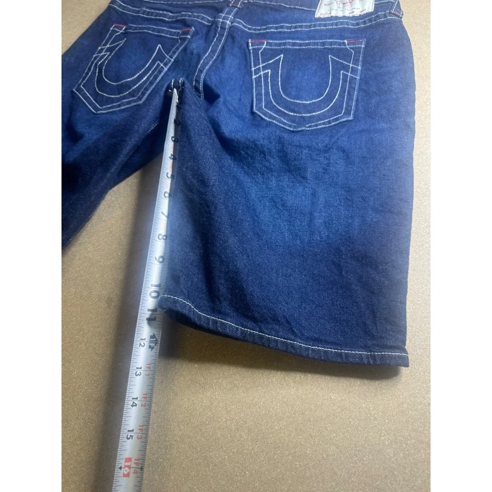 True Religion‎ Ricky Relaxed Straight Denim Shorts Blue White Stitch Mens 38