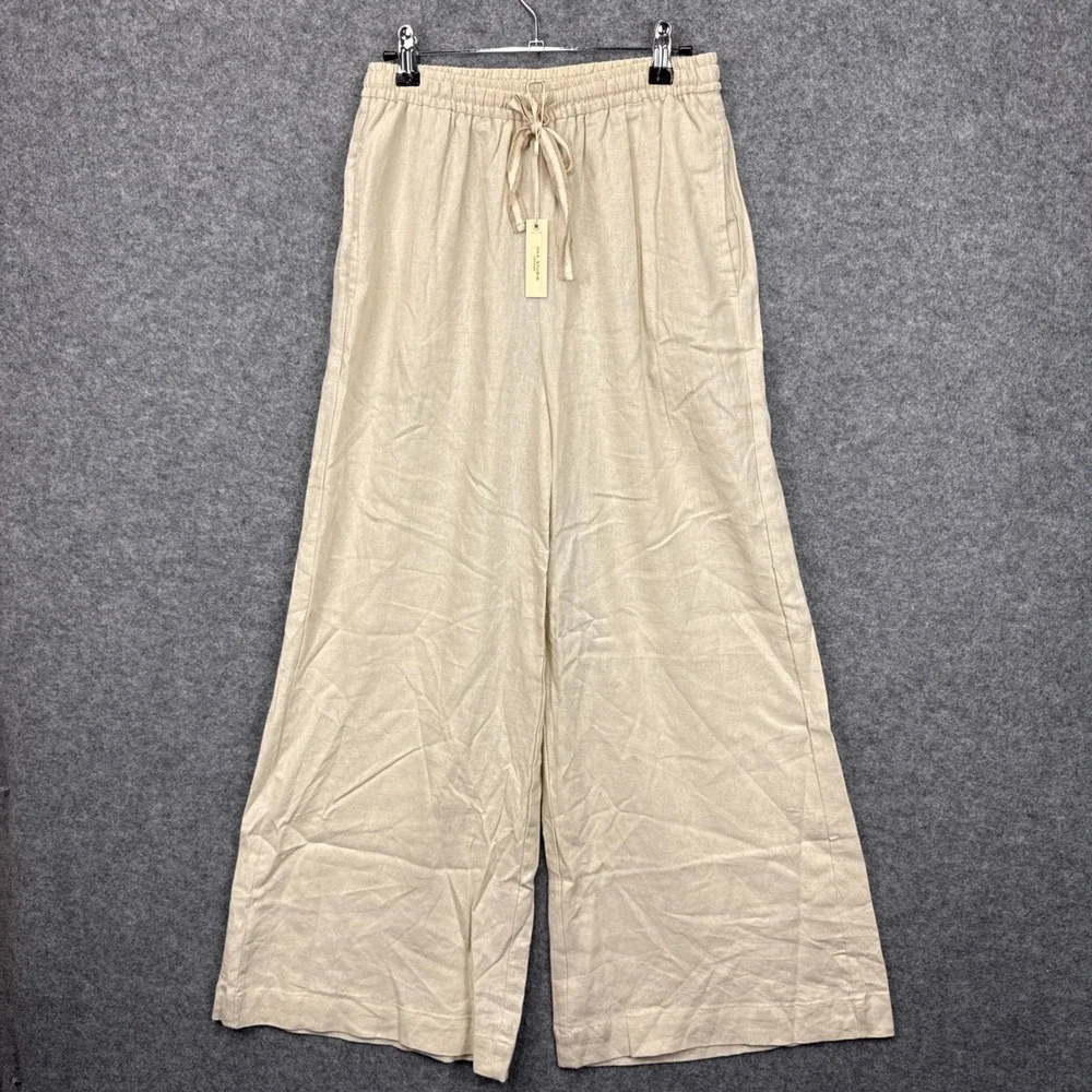 Max‎ Studio London Natural Linen Blend Wide Leg Drawstring Pants 4701L2605 Small