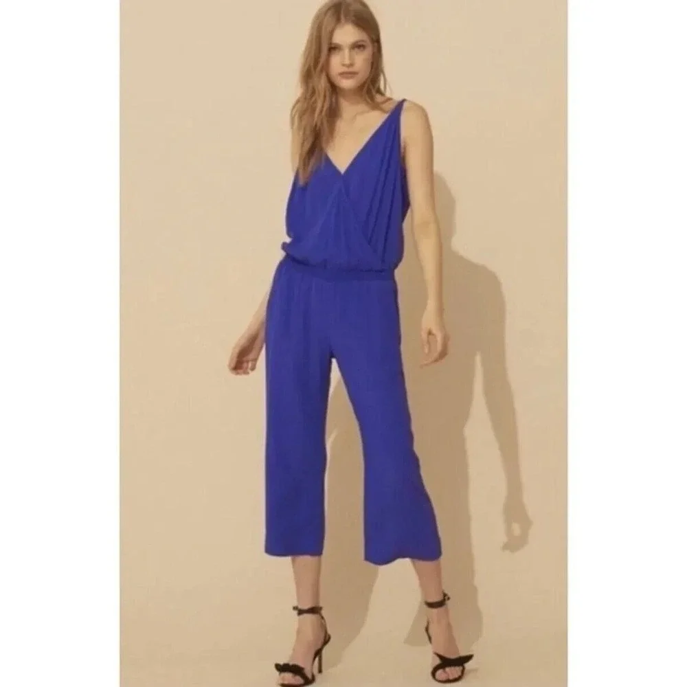 Ba&sh Combinaison Flata Jumpsuit Size 1 Indigo Sleeveless Cropped Wide Leg Crepe