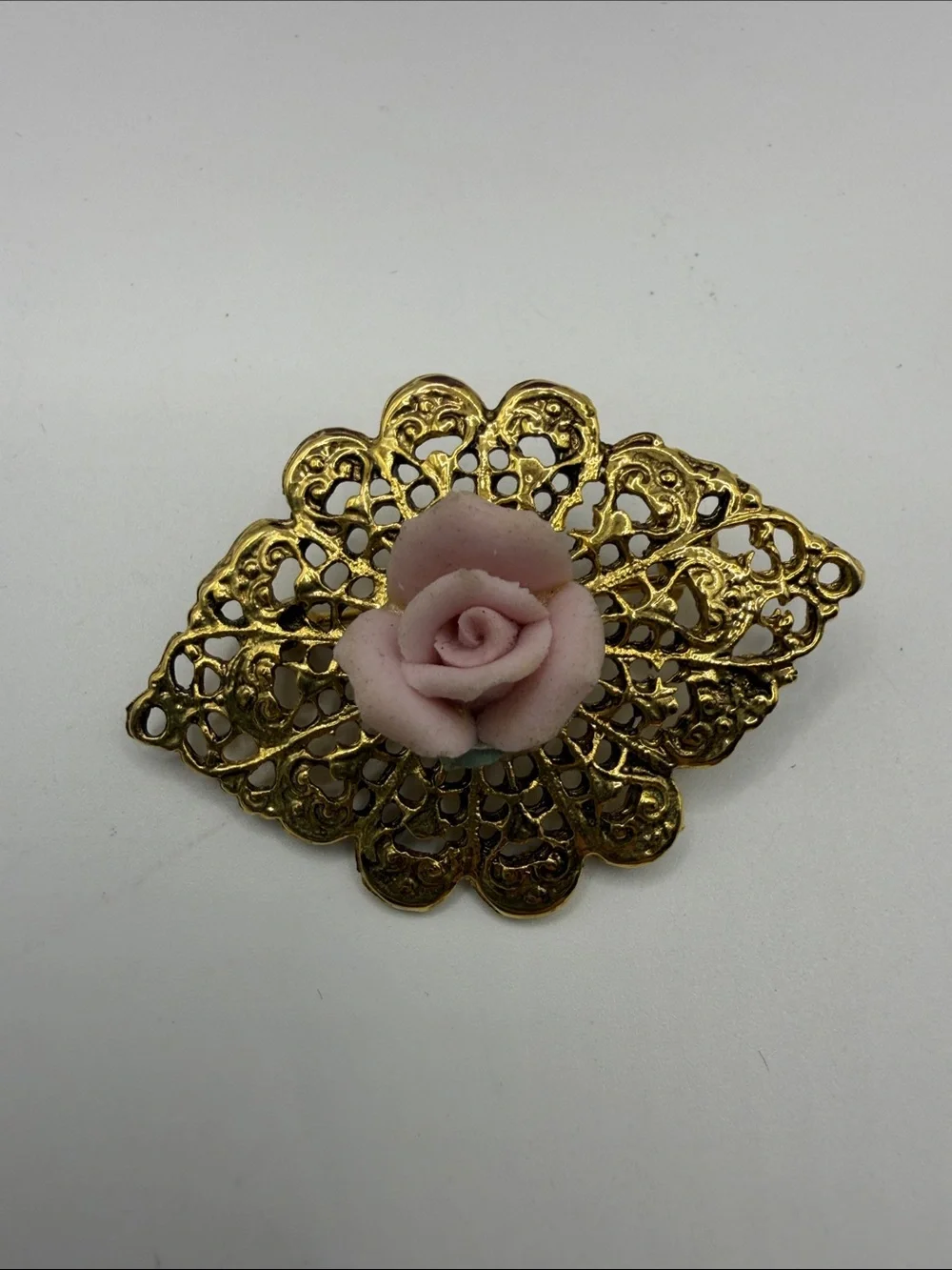Vintage Pink Porcelain Rose Gold Tone Filigree Floral Brooch