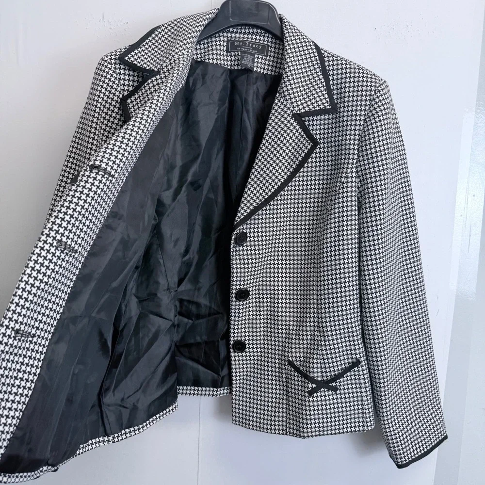 Ms. Tracy Tracy Evans Houndstooth Blazer Black White Trim Bows Size 18 Pockets