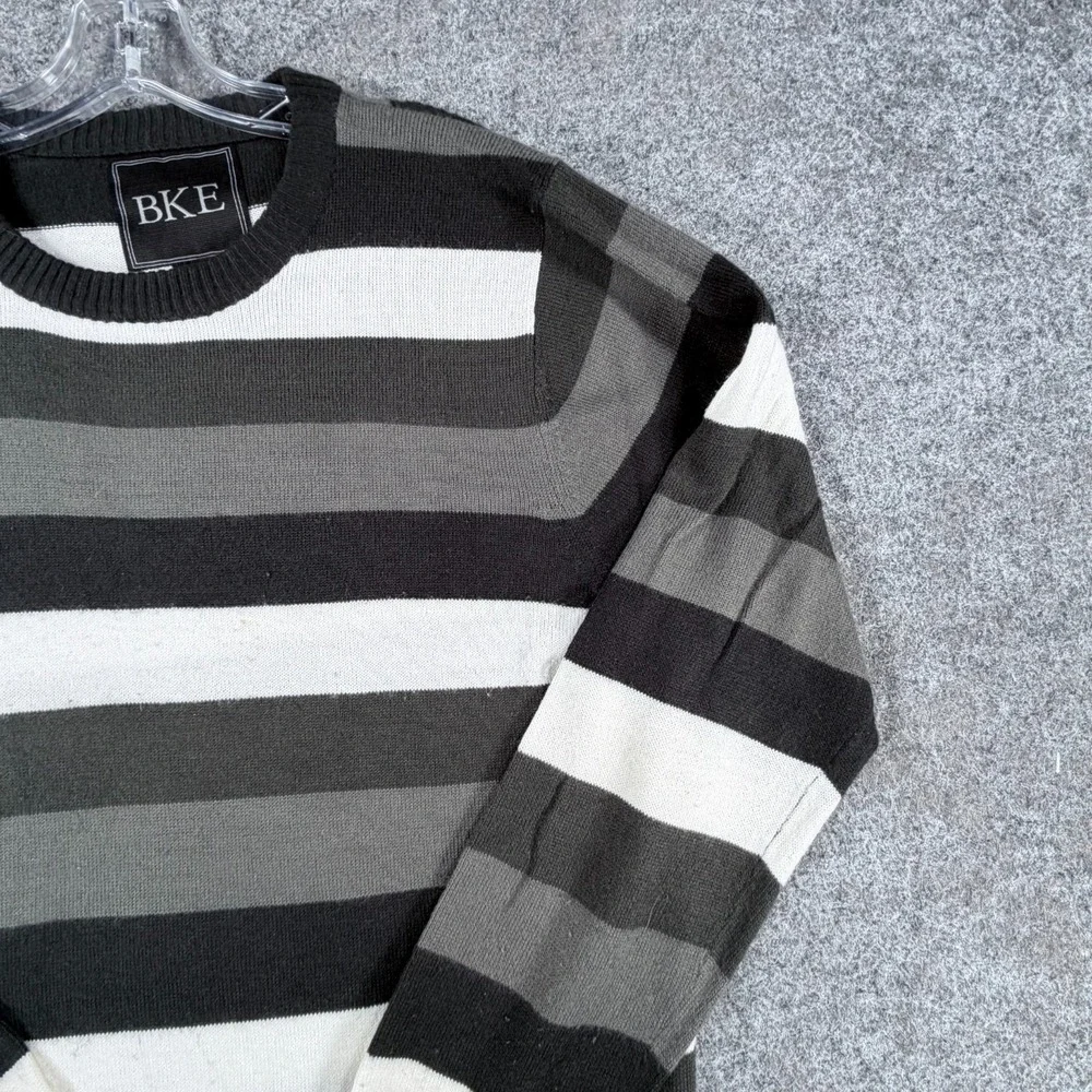 BKE Pullover Sweater‎ Mens L Black Gray White Striped Classic Office Wear Preppy