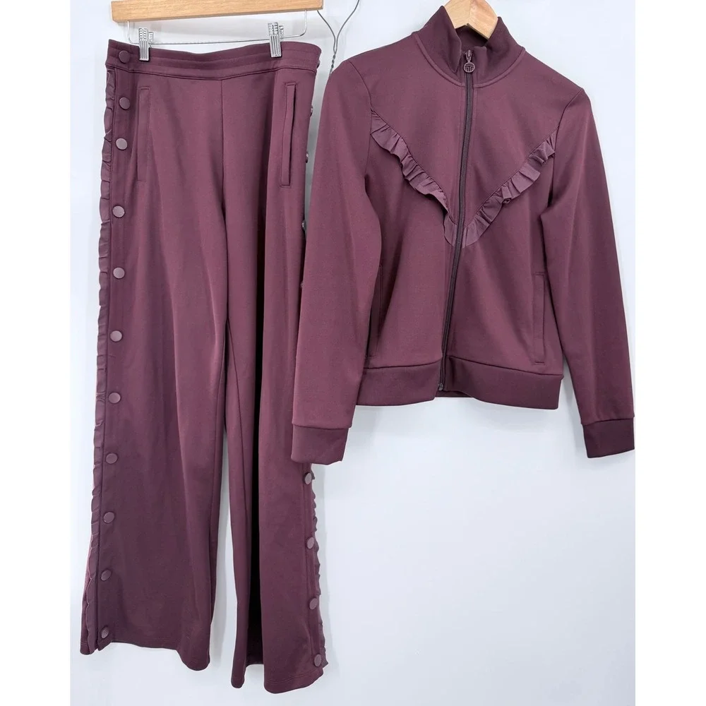 Tory Sport Tracksuit Set Women Medium Burgundy Ruffle Zip Jacket Snap Pants