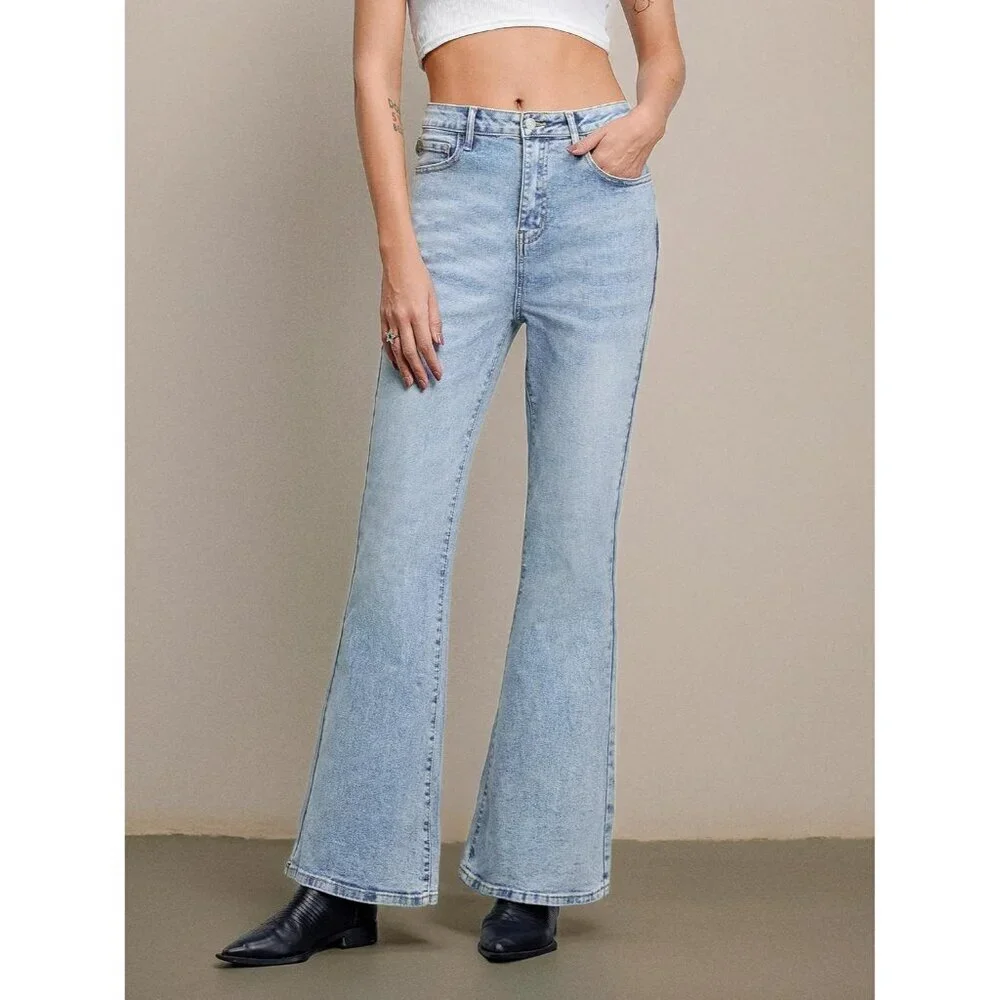 Women Flared Jeans High Waist Y2K 90s Denim Pants Stretchy Distressed