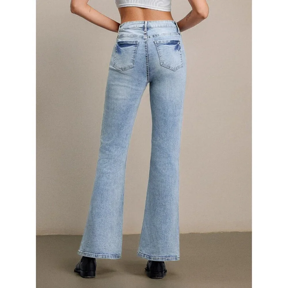 Women Flared Jeans High Waist Y2K 90s Denim Pants Stretchy Distressed