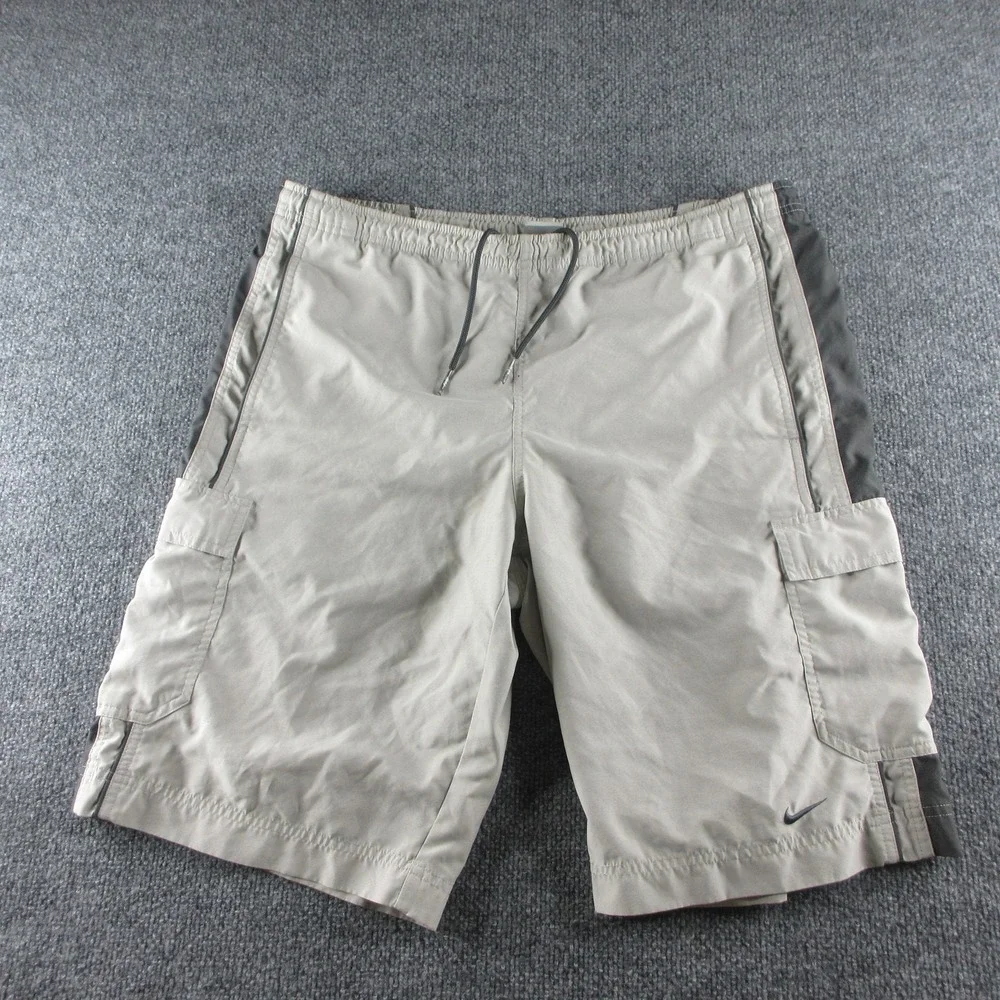 Nike‎ Swim Shorts Mens M Beige Cargo 12 Inseam Lined Quick Dry Athletic Trunks