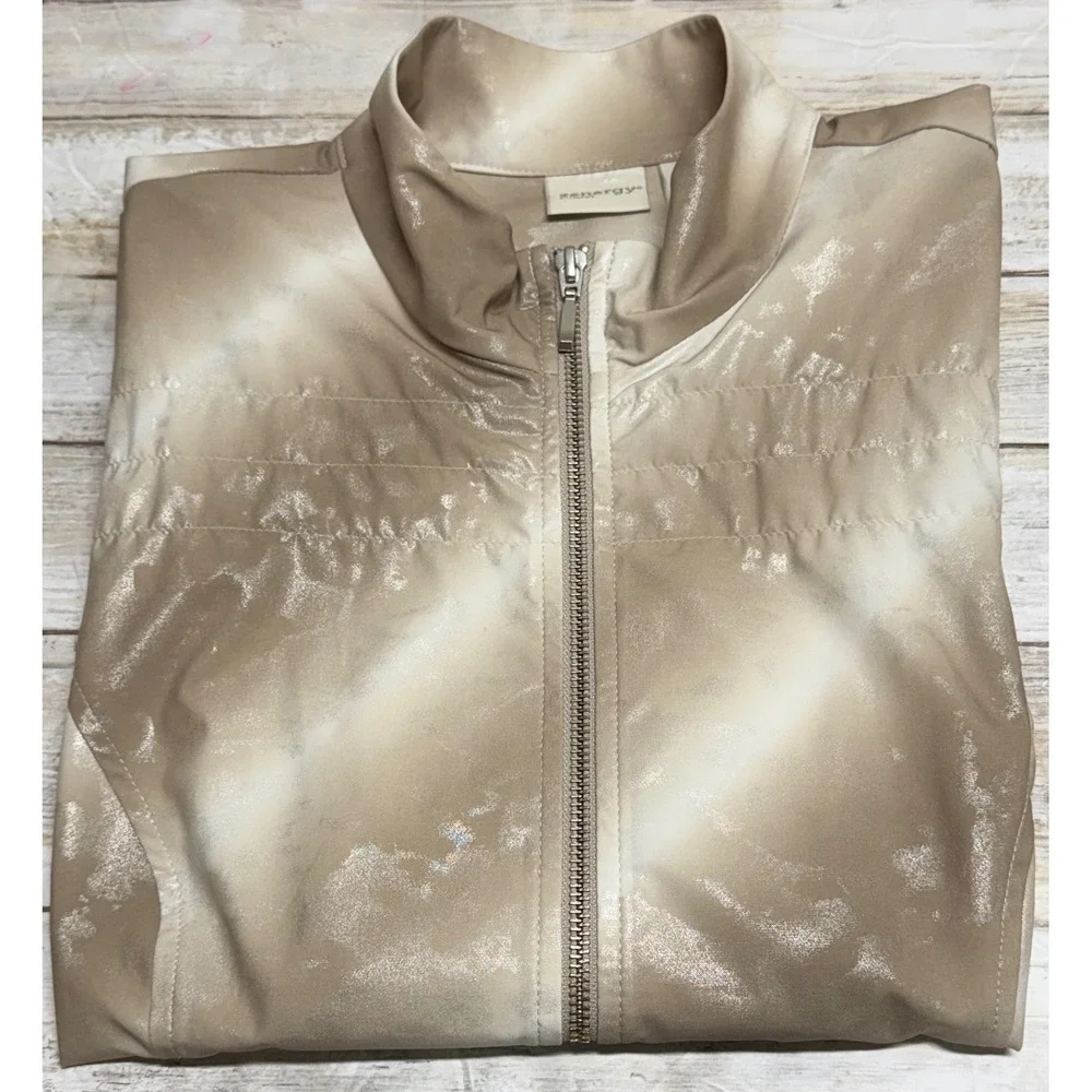 Zenergy by Chicos Womens Metallic‎ Full Zip Neema Vest Tan Silver Size 0(U.S 4)