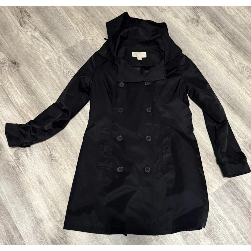 Michael‎ Kors removable hooded double breast hooded trench coat long black small