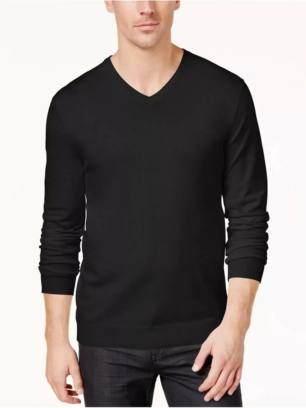Alfani V-Neck Cotton Blend Sweater - Deep Black - Men's medium