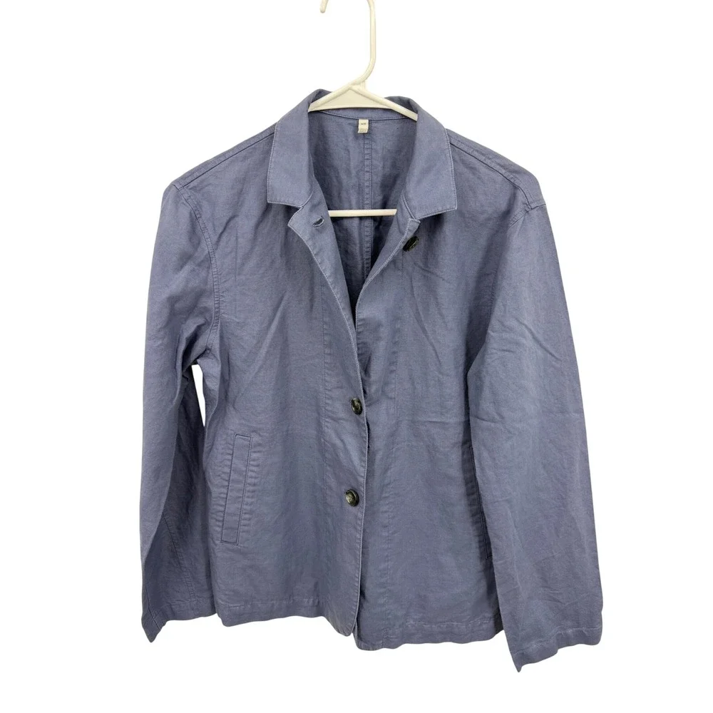 Muji Hemp Cotton Blend Chore Jacket Womens XS Blue Button Front Lightweight Coat