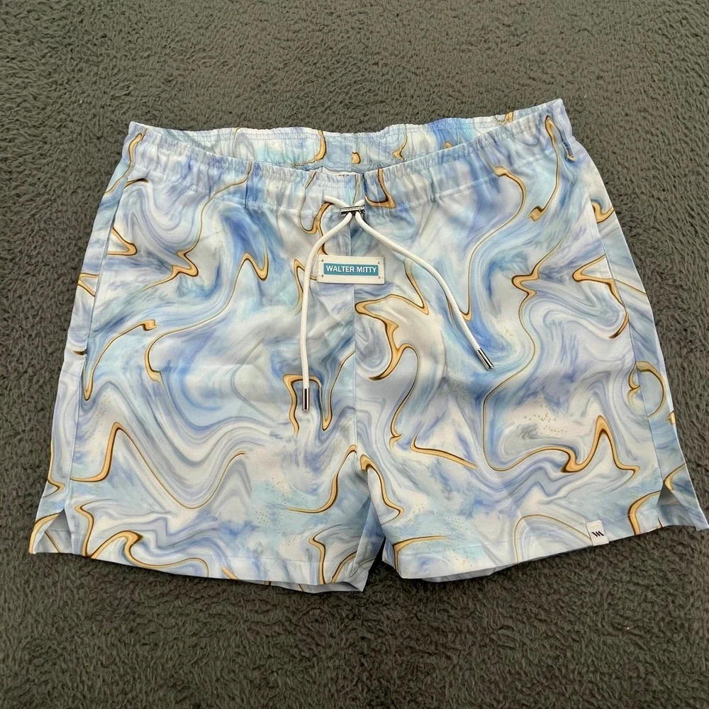 Walter Mitty‎ Men's Swim Trunks Shorts Blue Marble Waist Drawstring Size 34