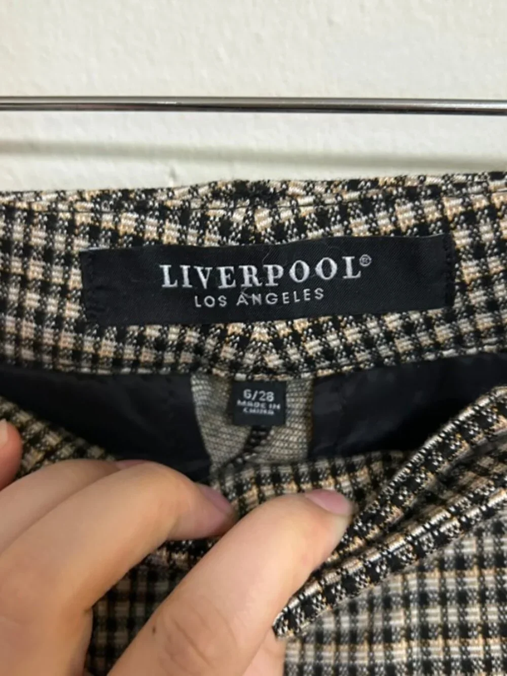 Liverpool Los Angeles Kelsey Trouser Black/Tan Plaid Print Straight Leg Sz 6 EUC