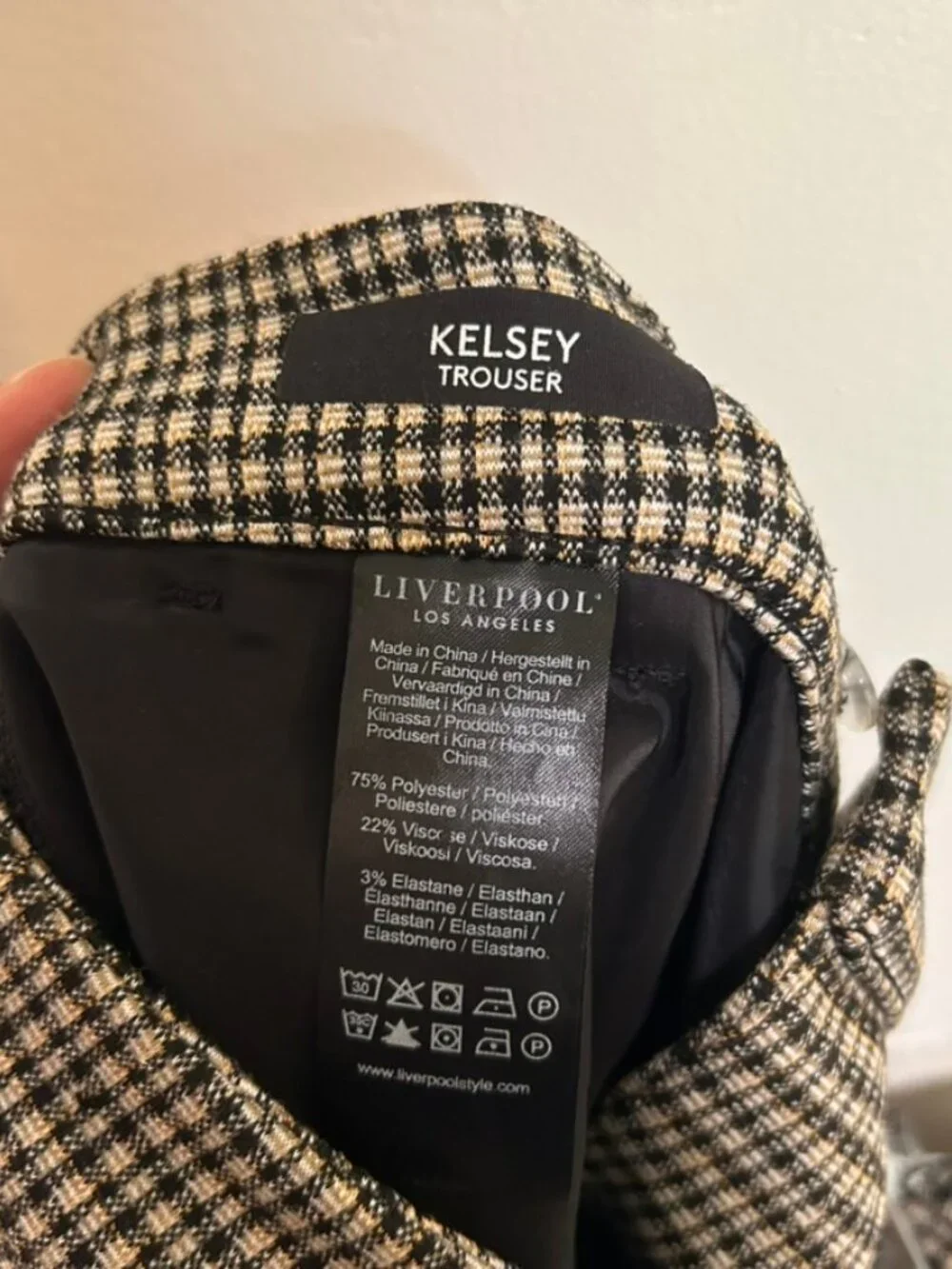 Liverpool Los Angeles Kelsey Trouser Black/Tan Plaid Print Straight Leg Sz 6 EUC