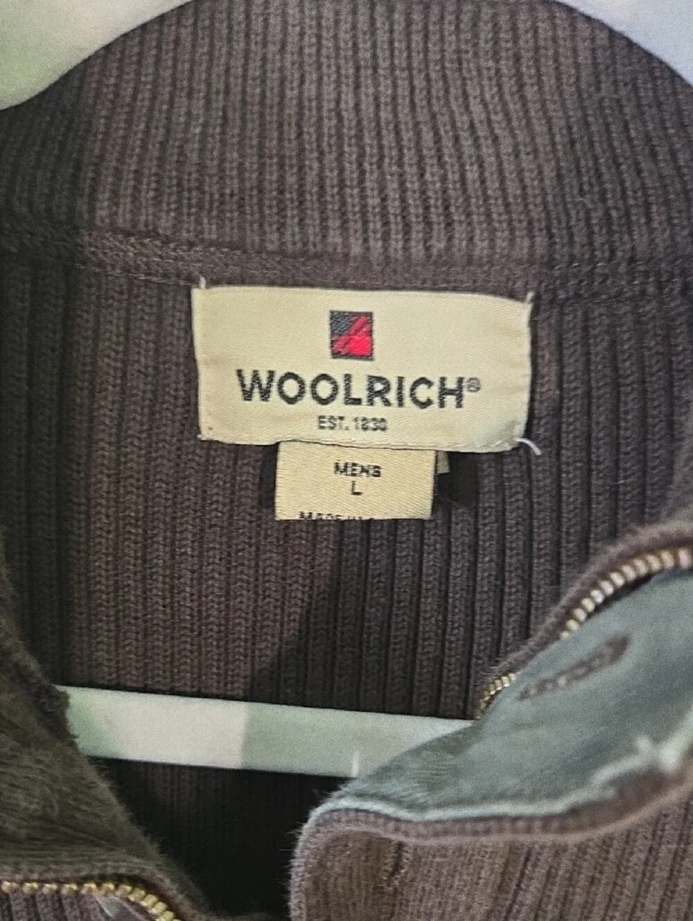 Men's Woolrich Men's Dark Brown Ribbed Zip-Neck Sweater Size L