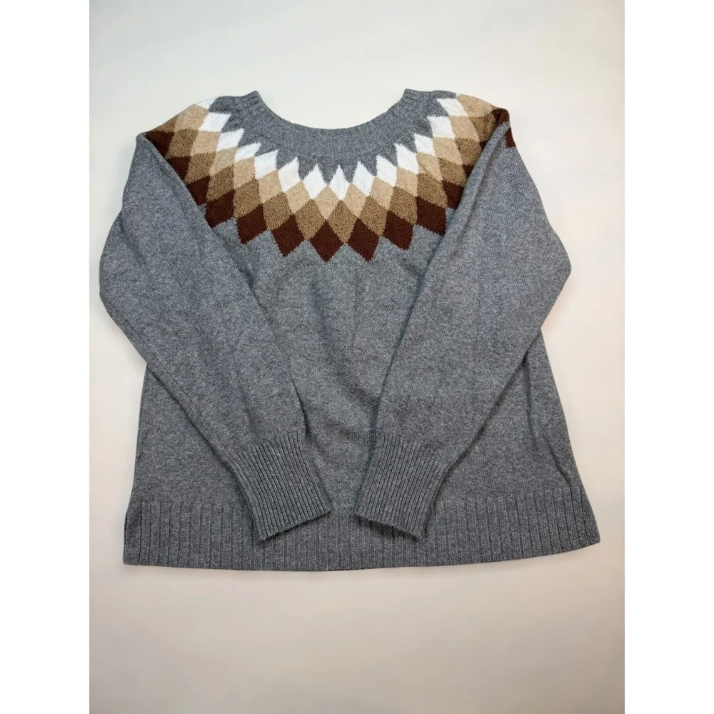 St.‎ Johns Bay Mens Grey Argyle Crewneck Sweater Cozy Preppy Fair Isle Winter