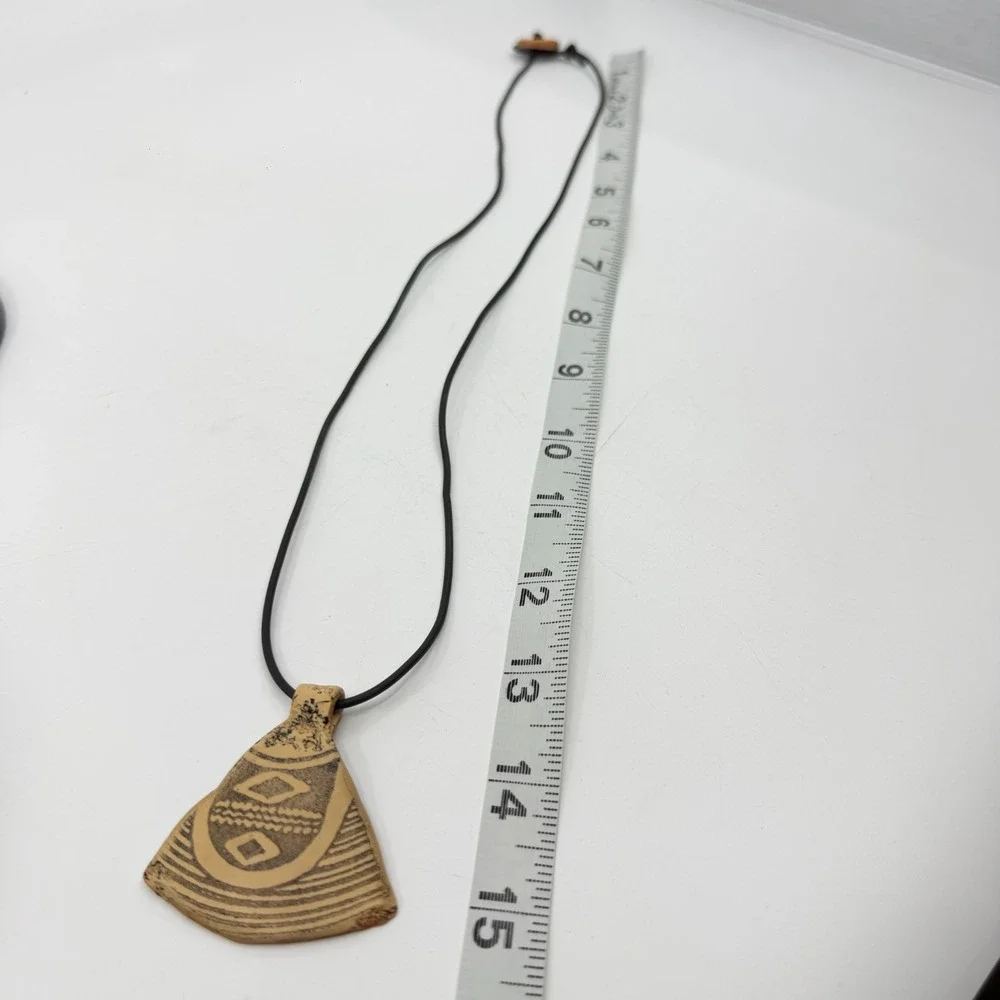 Handcrafted Tribal Geometric Ceramic Pendant Necklace Black Cord Boho Statement