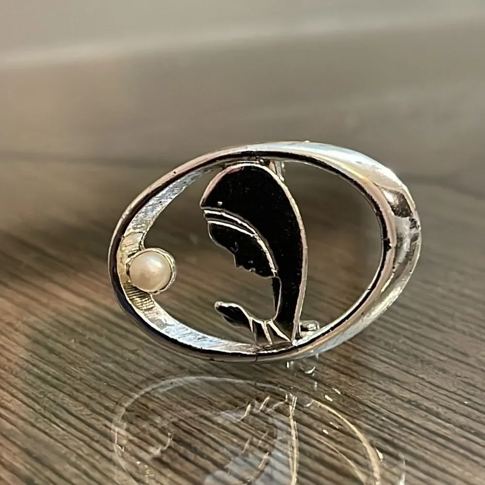 Vintage Silver-Tone Praying Mother Mary Lapel Pin Religious Catholic