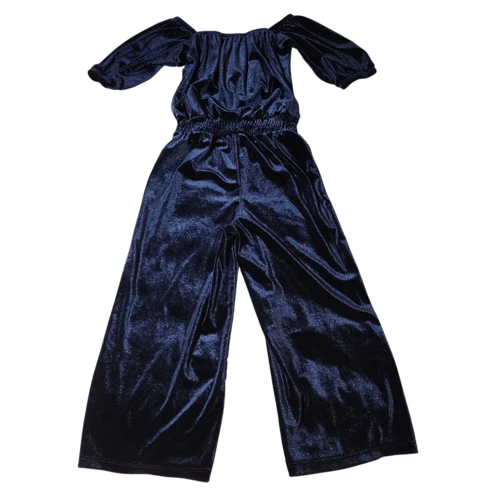 Old Navy Little Girls Sz XS/5 Romper Jumpsuit Navy Blue Velvet Velour Wide Leg