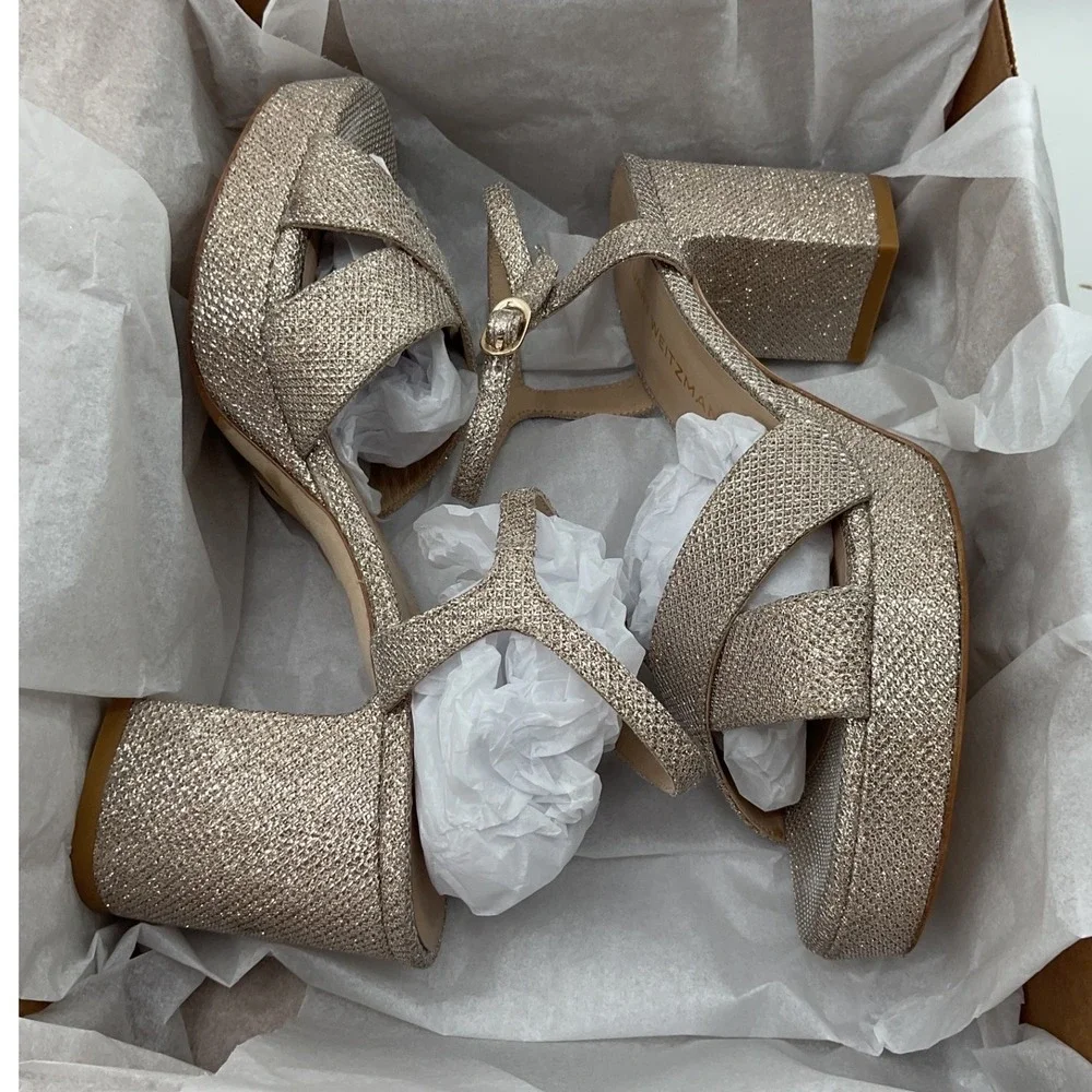 Stuart Weitzman‎ Metallic Champagne Glitter Platform Block Heel Sandals Spain 9