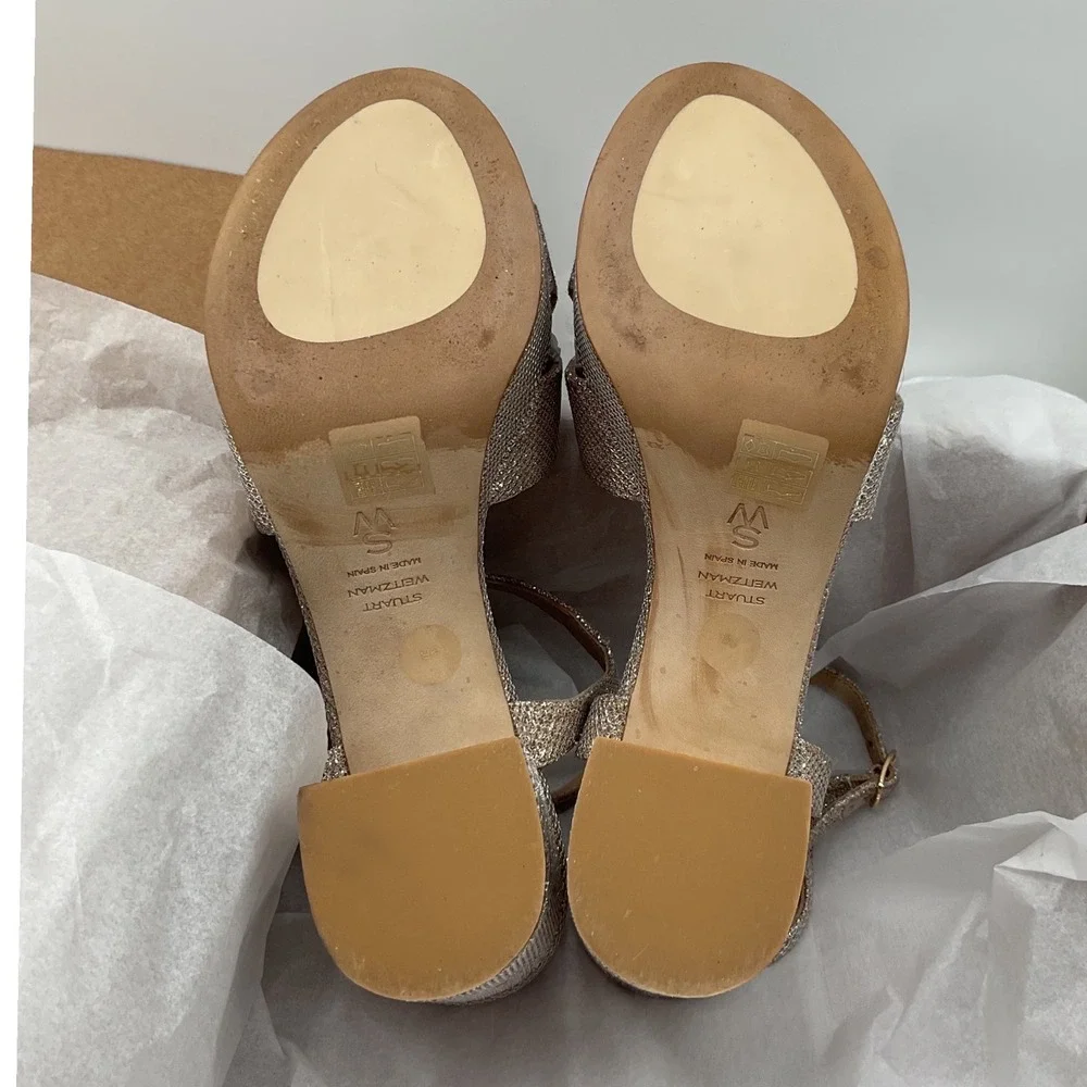 Stuart Weitzman‎ Metallic Champagne Glitter Platform Block Heel Sandals Spain 9