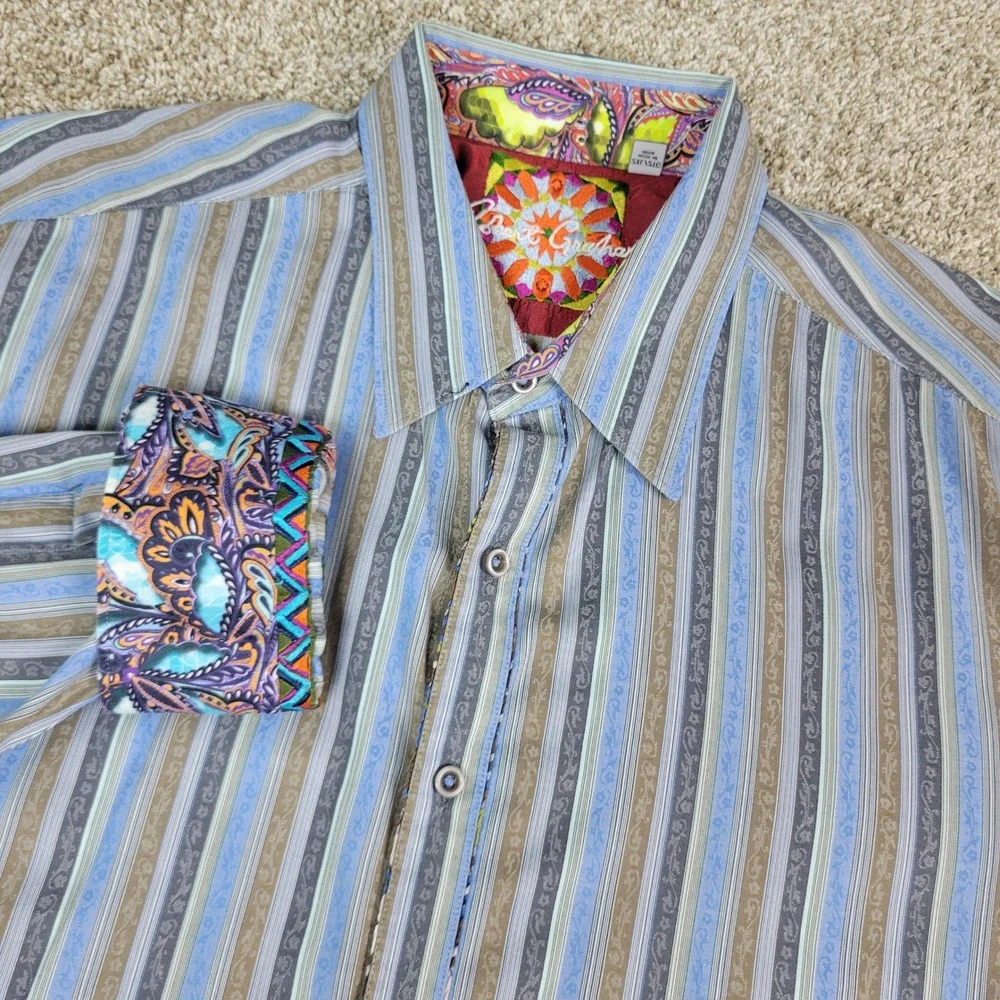 Robert Graham Button Down Shirt Mens 2XL Blue Tan Striped Paisley Flip‎ Cuff L/S