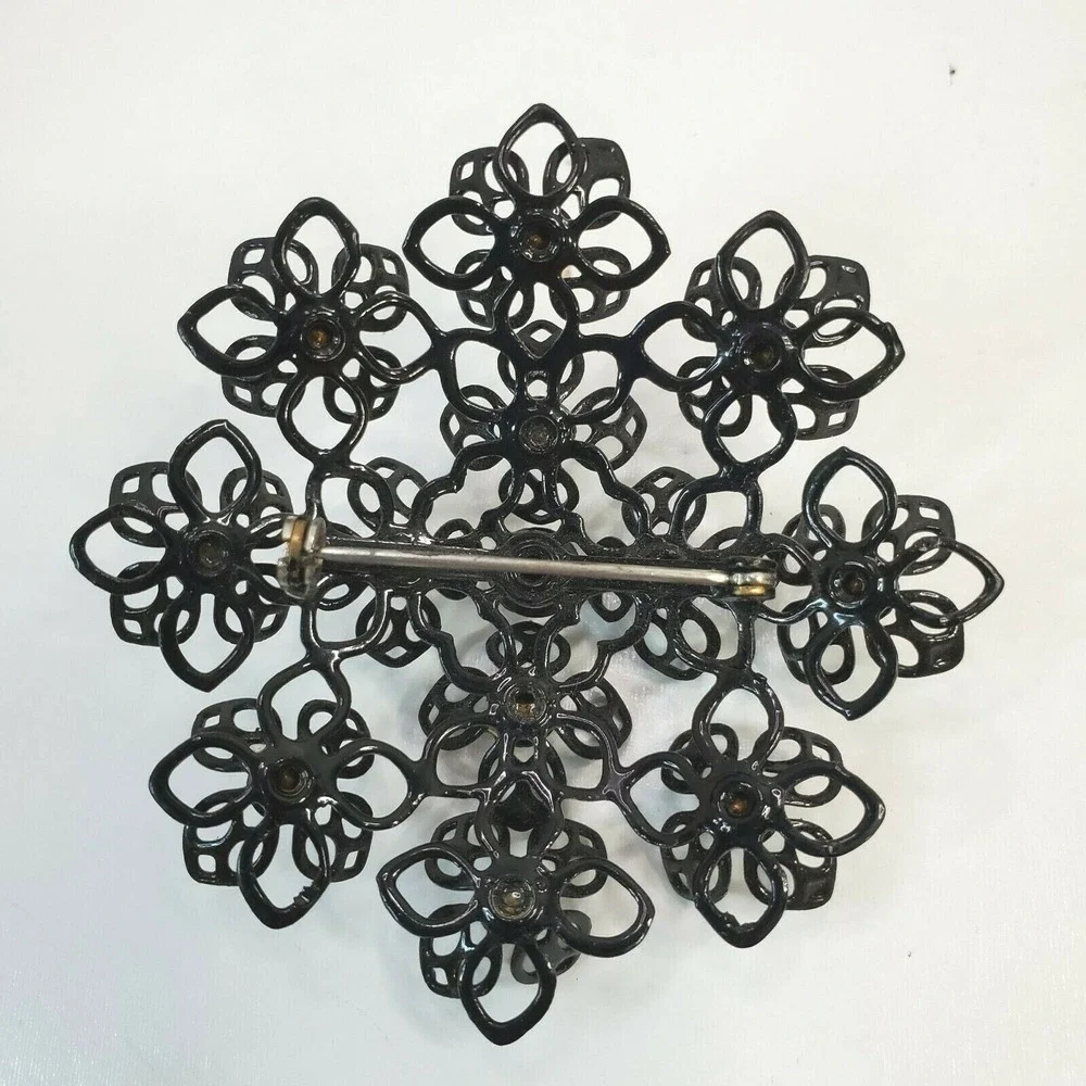 Vintage Large Coated Wire Black Flowers Floral Clear Rhinestones Brooch Pin