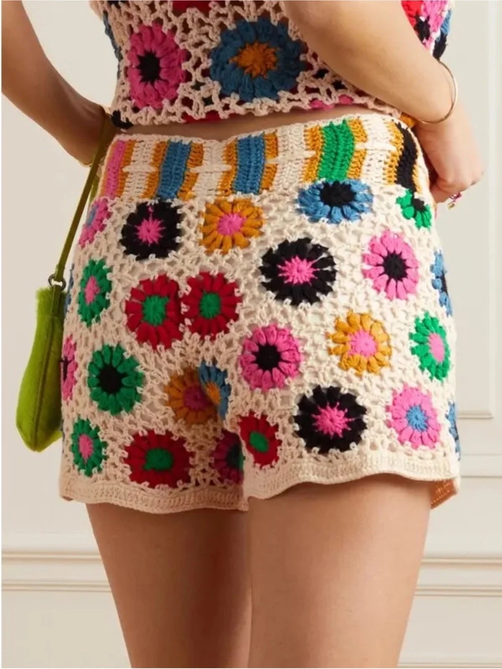 Farm Rio Crochet Matching Set Granny Square Crop Top Shorts Red Pink Size Medium