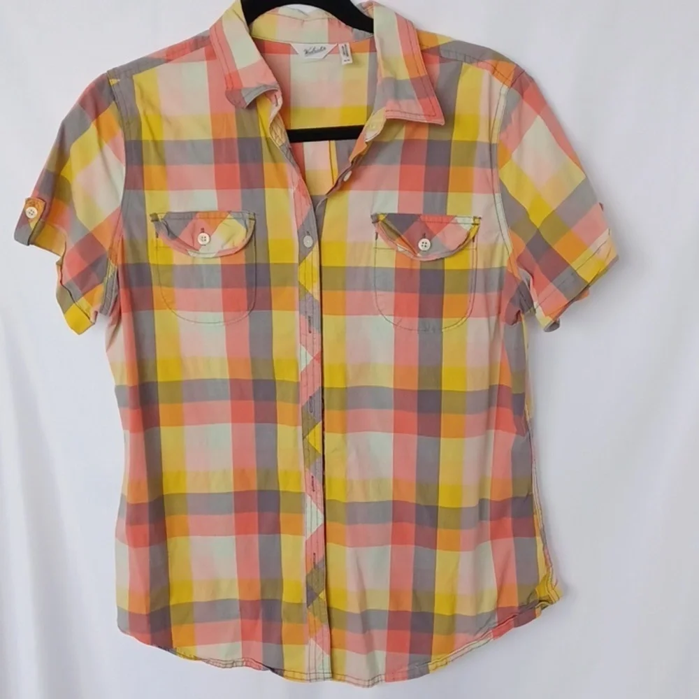 Woolrich Plaid Button-Up Short Sleeve Shirt, Pink, Gold, M, 21