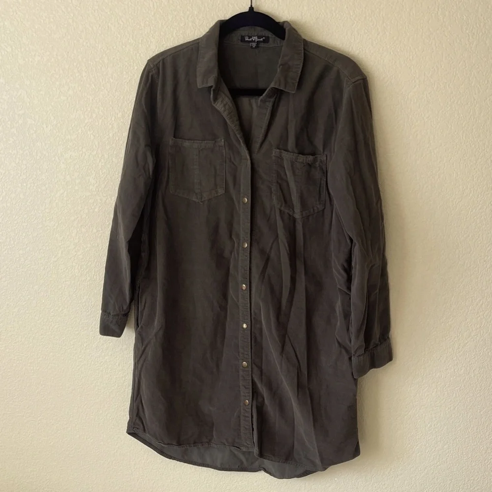 Corduroy Shirt Dress Velvet Heart Tunic Women’s M Green Button Front Fall - Desc