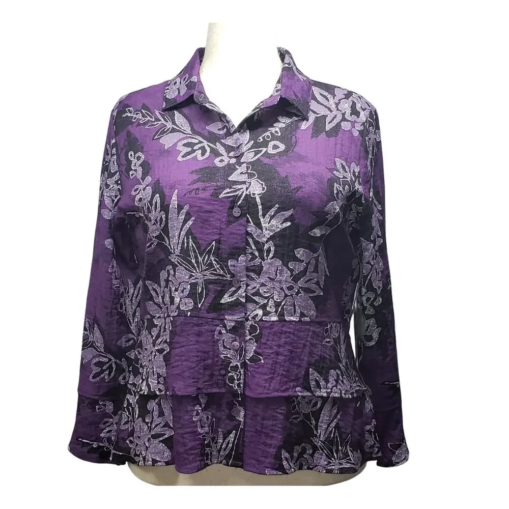 Habitat Purple Floral Peplum Blouse Womens M Long Sleeve Ruffle Boho Romantic